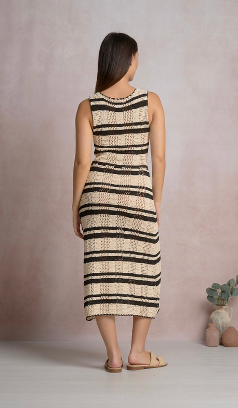 Elan Narural Black Stripe Crochet VNeck Sleeveless Tie Belt Midi Dress