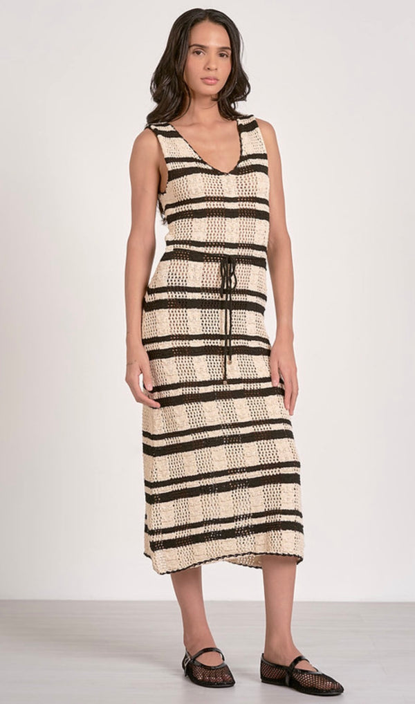 Elan Narural Black Stripe Crochet VNeck Sleeveless Tie Belt Midi Dress