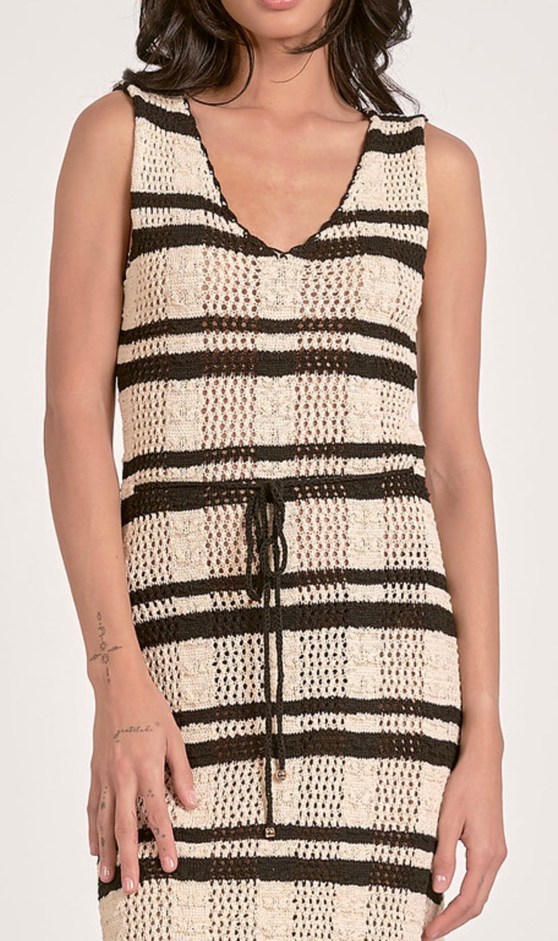 Elan Narural Black Stripe Crochet VNeck Sleeveless Tie Belt Midi Dress