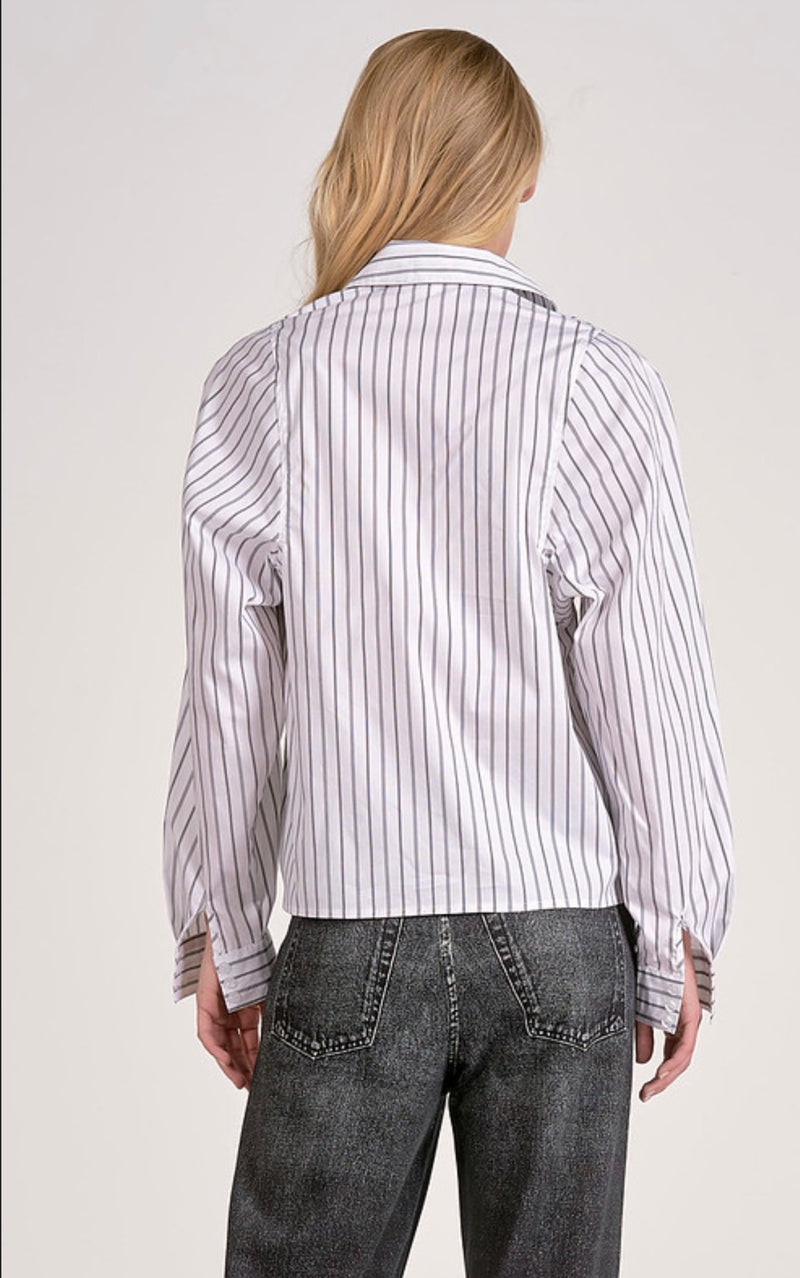 Elan White W/Stripe Button Up Long Sleeve Collared Top