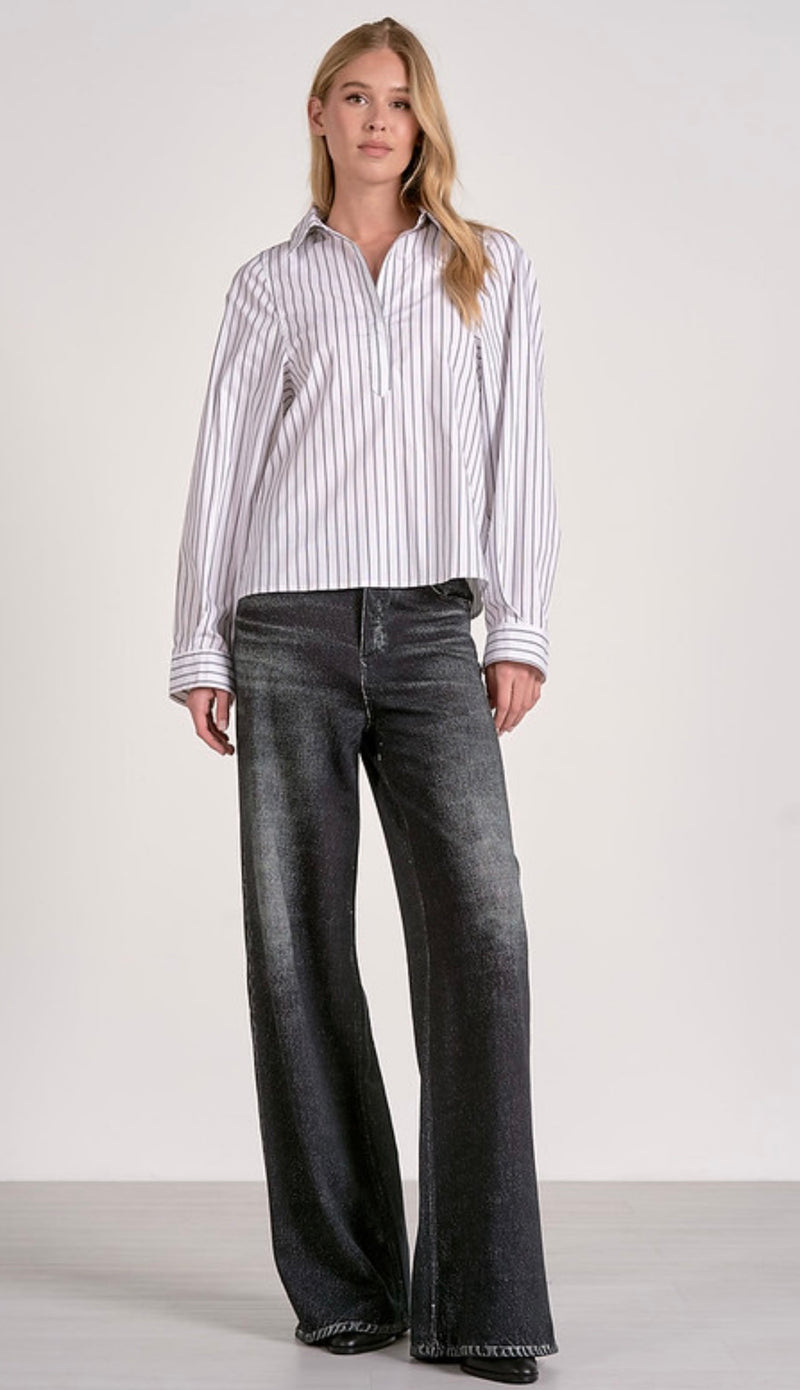 Elan White W/Stripe Button Up Long Sleeve Collared Top
