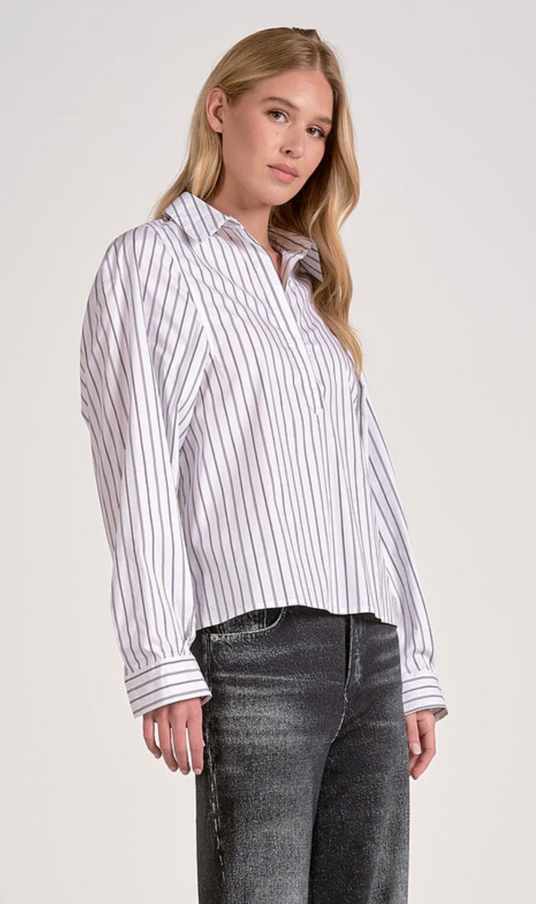 Elan White W/Stripe Button Up Long Sleeve Collared Top