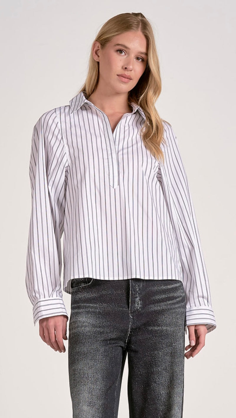 Elan White W/Stripe Button Up Long Sleeve Collared Top