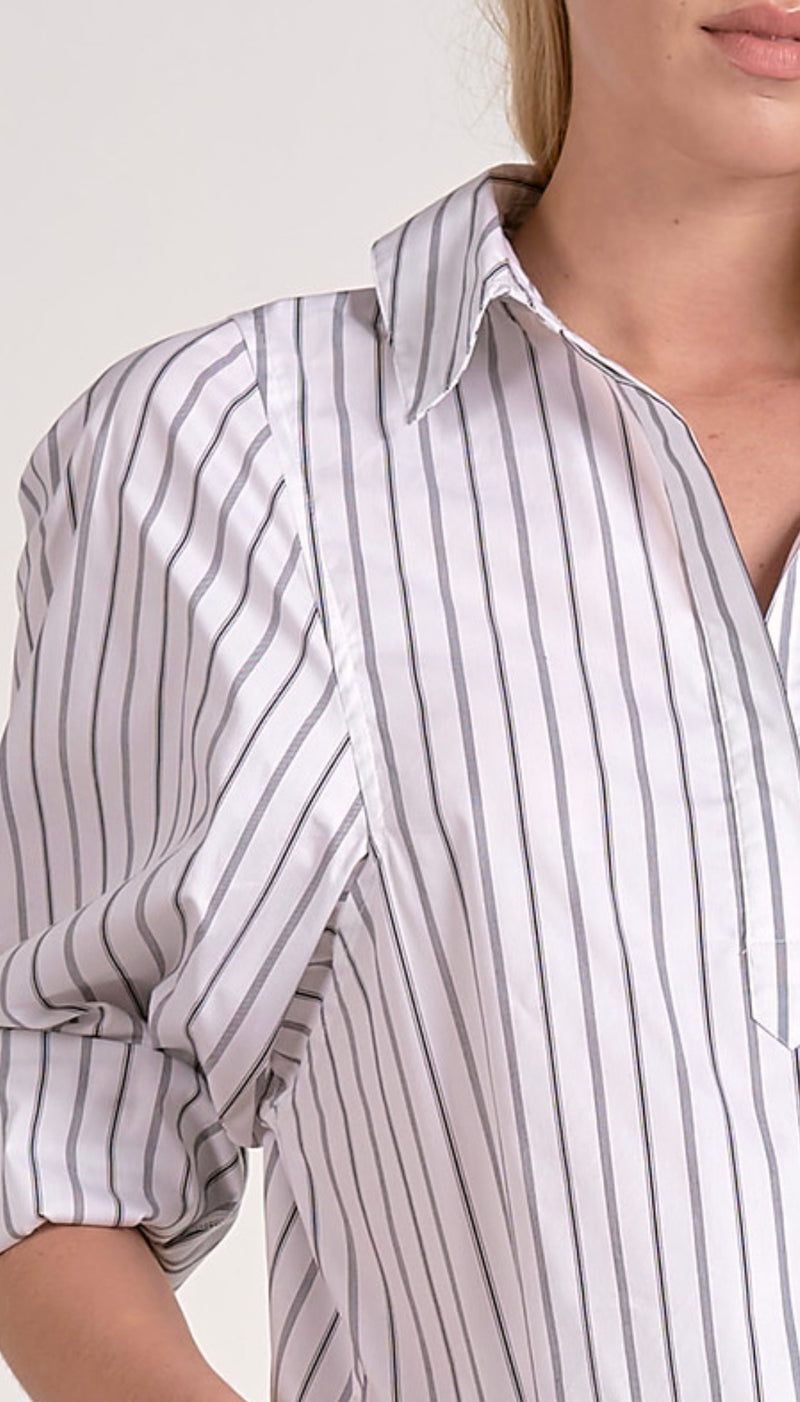 Elan White W/Stripe Button Up Long Sleeve Collared Top