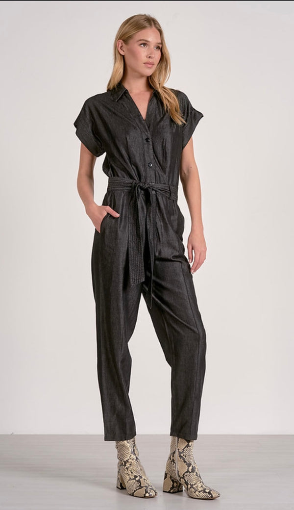 Elan Grey Dark Wash Cropped Leg Short Sleeve Belted Jumpsuit