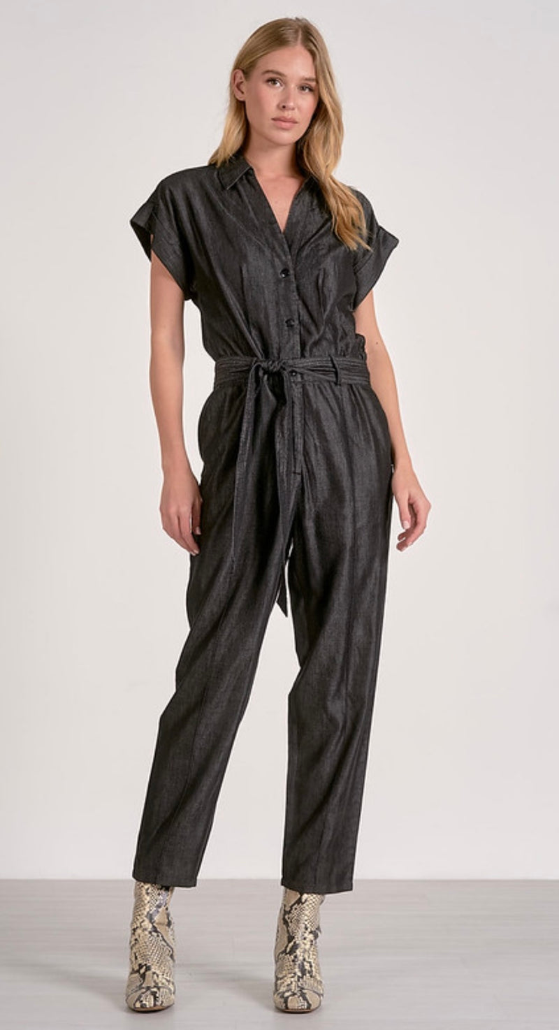 Elan Grey Dark Wash Cropped Leg Short Sleeve Belted Jumpsuit