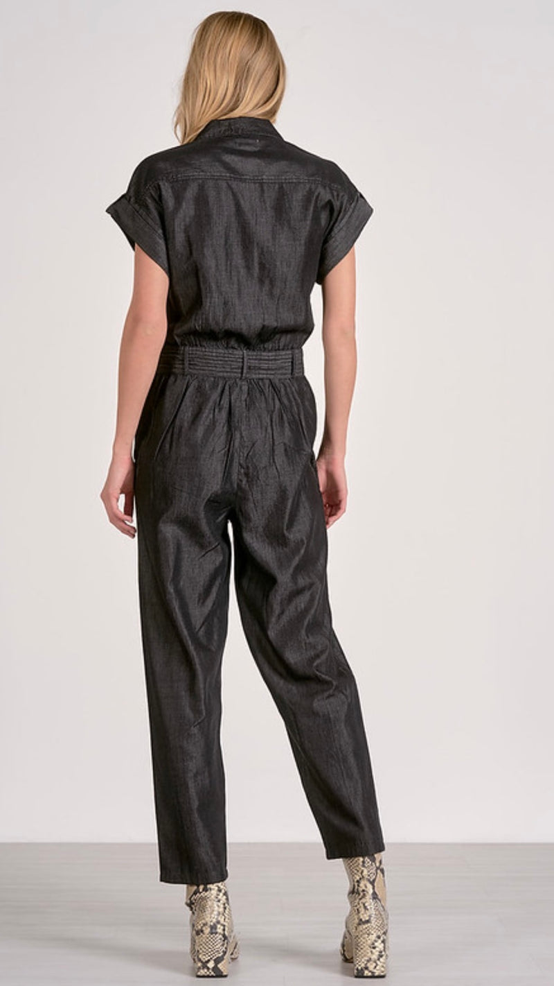 Elan Grey Dark Wash Cropped Leg Short Sleeve Belted Jumpsuit