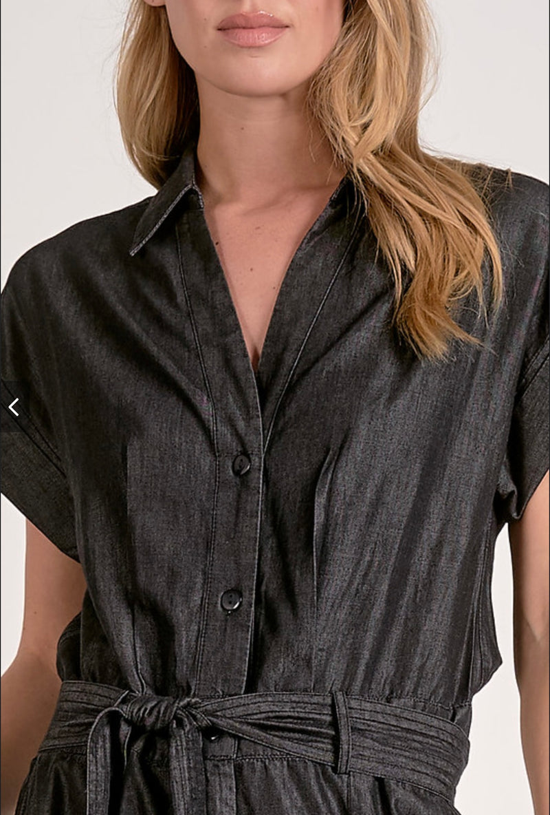 Elan Grey Dark Wash Cropped Leg Short Sleeve Belted Jumpsuit