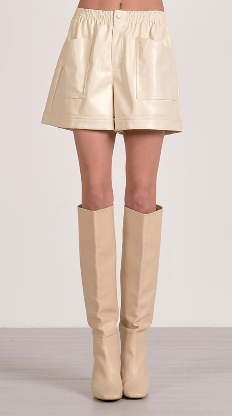 Elan White Elastic Waist Faux Leather Dress Shorts