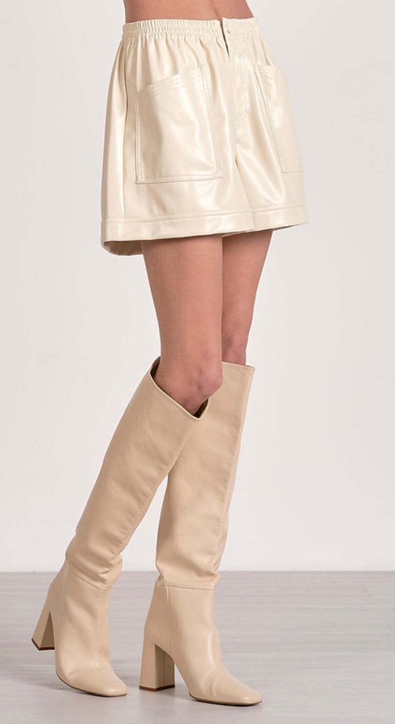 Elan White Elastic Waist Faux Leather Dress Shorts