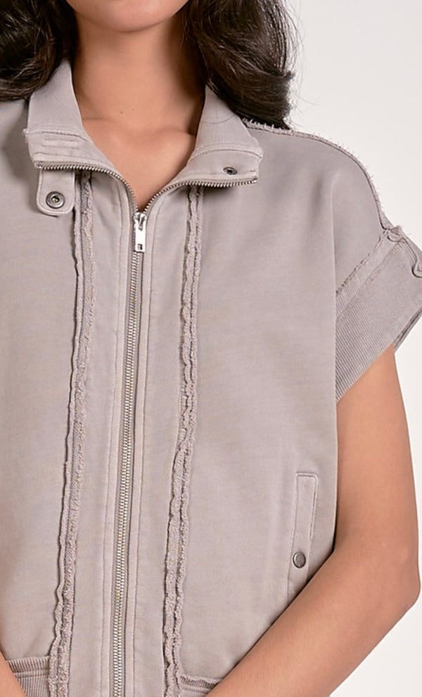 Elan Heather Grey Short Sleeve Zip Up Sweatshirt Top