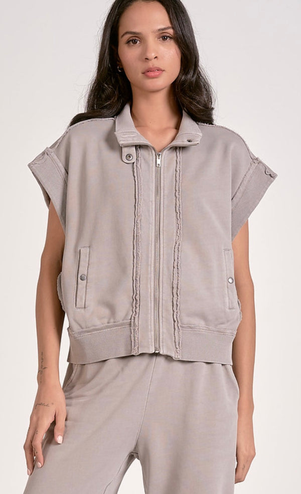 Elan Heather Grey Short Sleeve Zip Up Sweatshirt Top