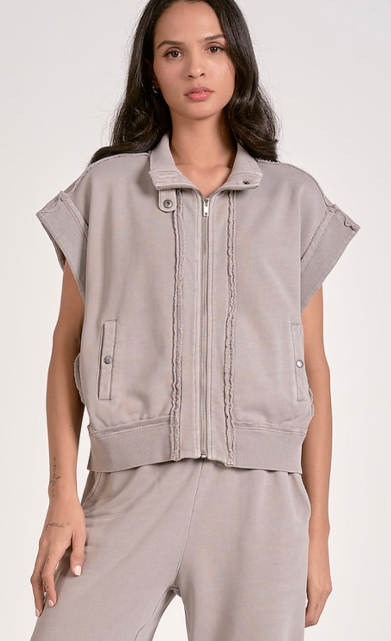 Elan Heather Grey Short Sleeve Zip Up Sweatshirt Top