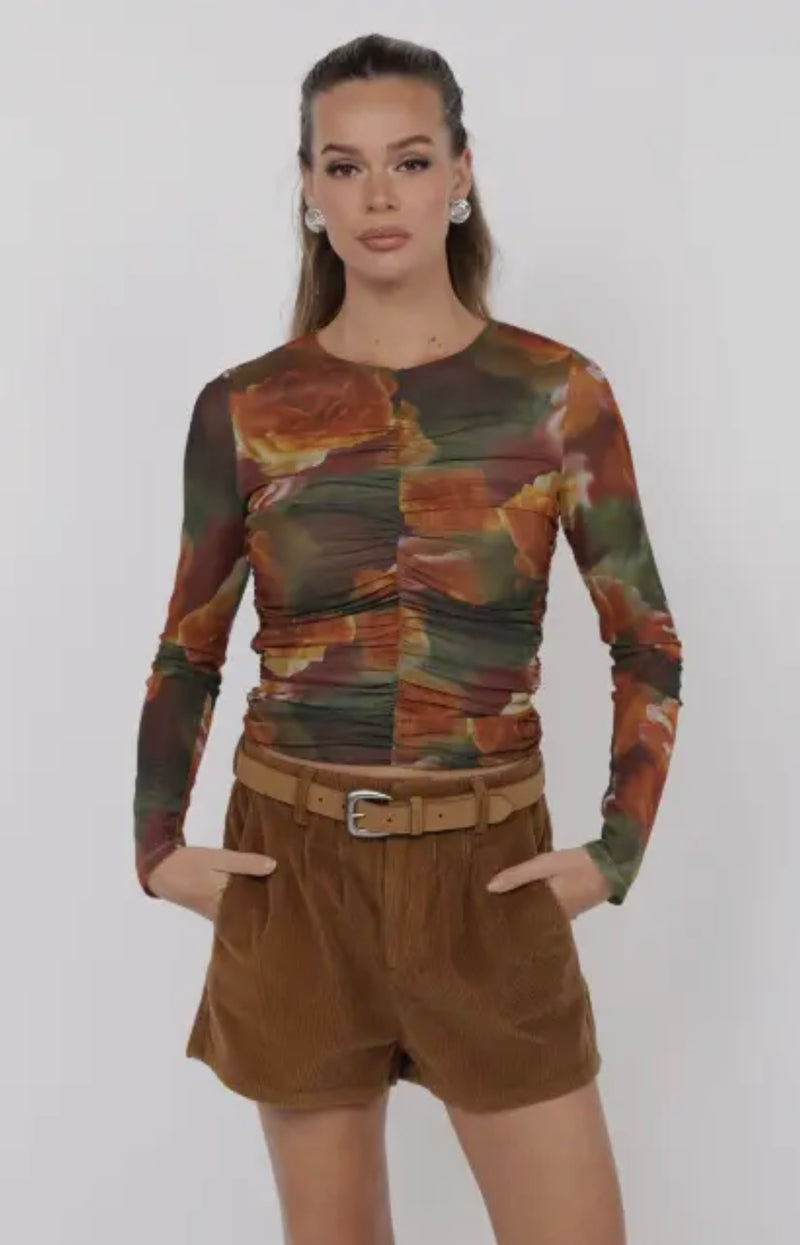 Sage The Label Rose Petal Multi Heart Beats Mesh Long Sleeve Front Ruching Top