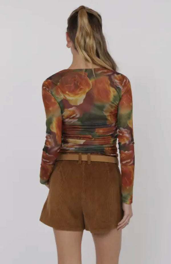 Sage The Label Rose Petal Multi Heart Beats Mesh Long Sleeve Front Ruching Top