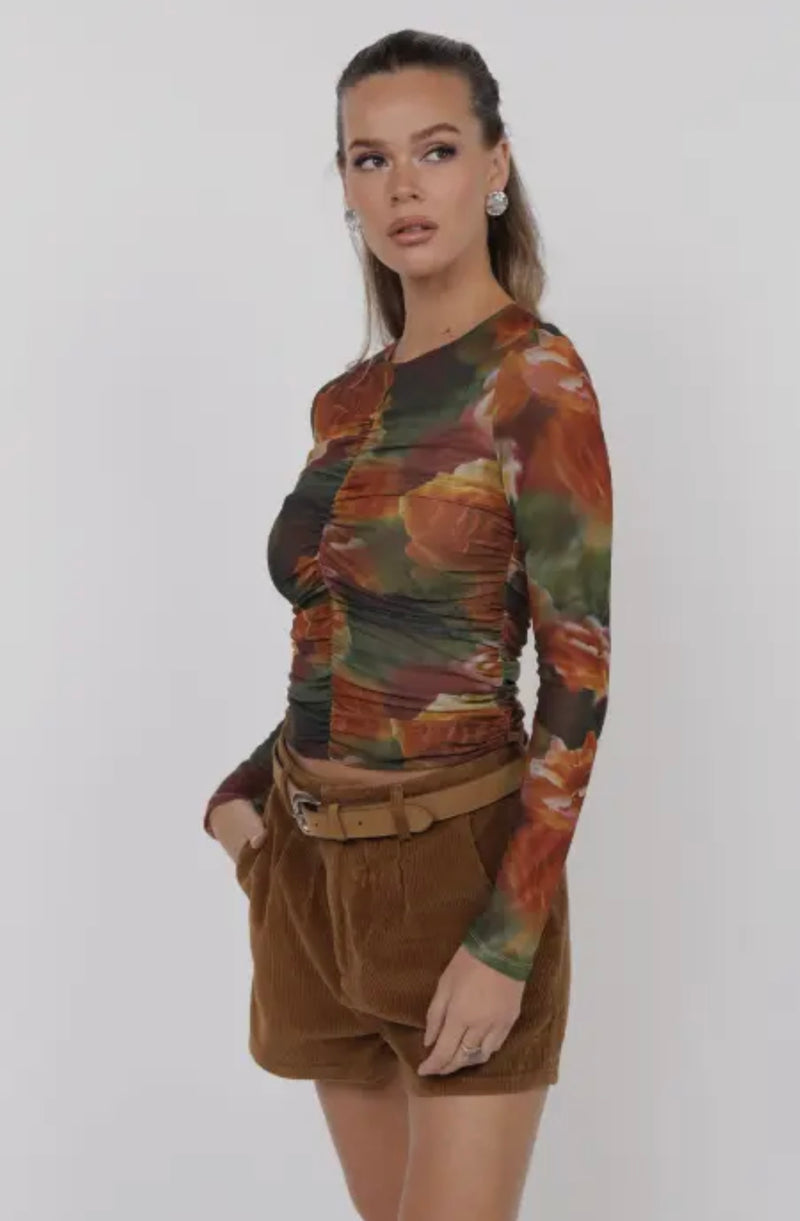 Sage The Label Rose Petal Multi Heart Beats Mesh Long Sleeve Front Ruching Top