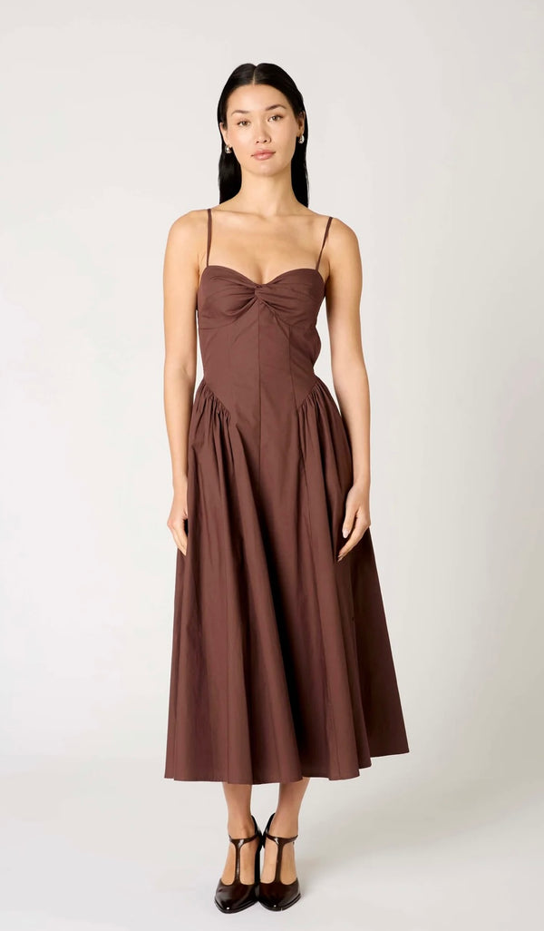 NIA Chocolate Sweetheart Neck Open Back Gathered Skirting Midi Dress