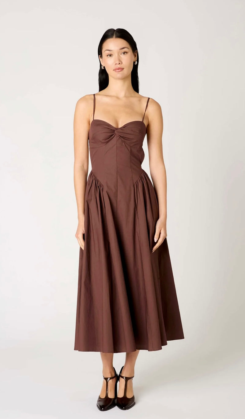 NIA Chocolate Sweetheart Neck Open Back Gathered Skirting Midi Dress