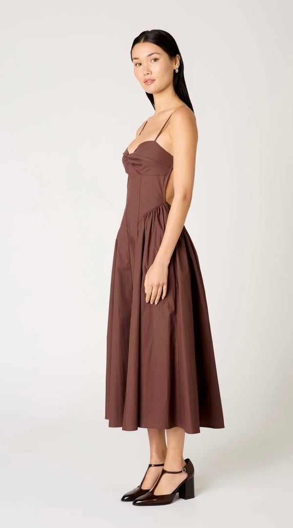 NIA Chocolate Sweetheart Neck Open Back Gathered Skirting Midi Dress