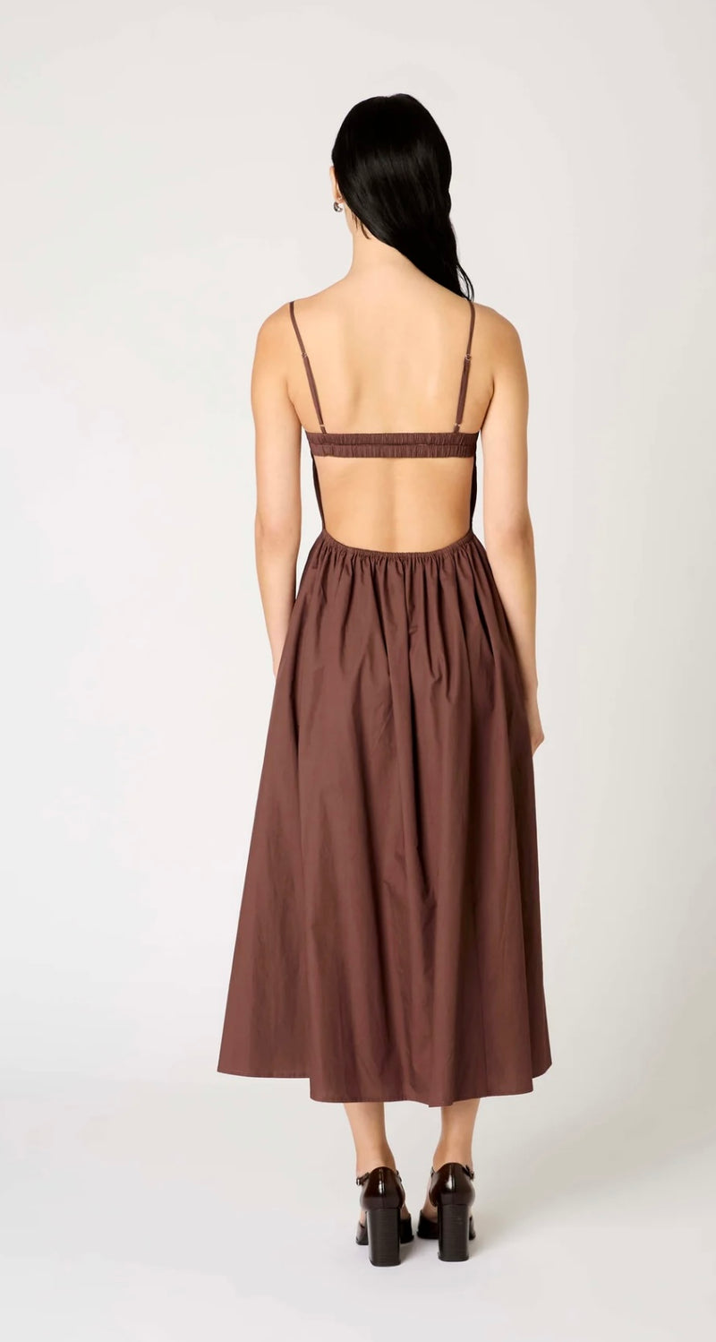 NIA Chocolate Sweetheart Neck Open Back Gathered Skirting Midi Dress