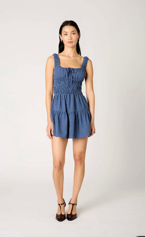 NIA Navy Smocked Bodice Scoop Neck Tiered Skirt Mini Dress