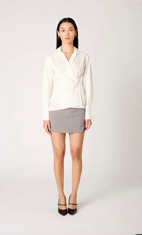 NIA White Long Sleeve Collared Adjustable Side Closure Tailored Fit Top