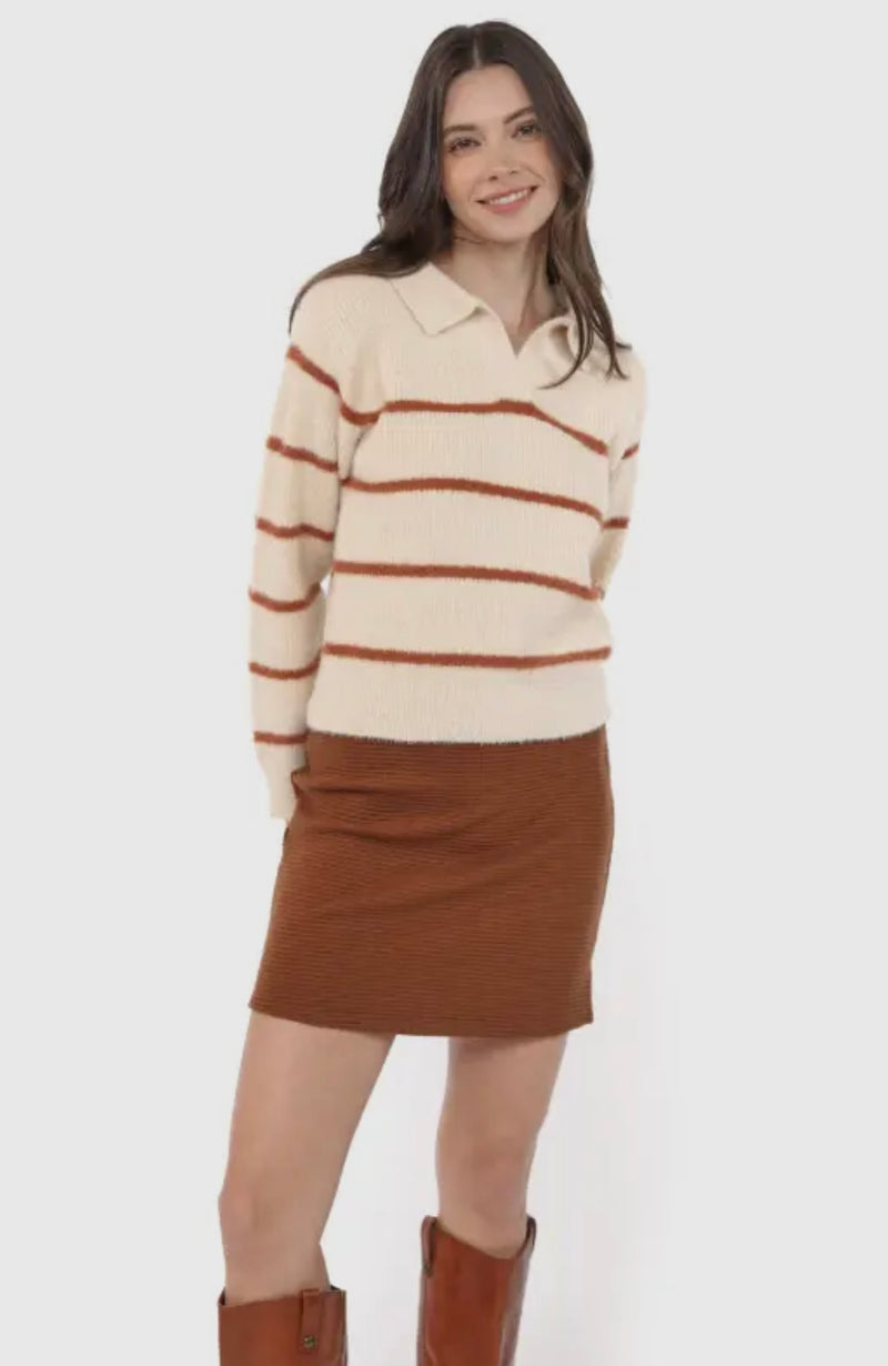 Sadie & Sage Cream Brown Tova Eyelash Yarn Collared Striped Sweater