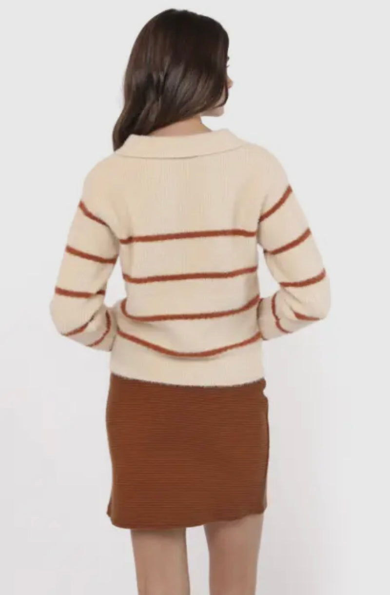 Sadie & Sage Cream Brown Tova Eyelash Yarn Collared Striped Sweater