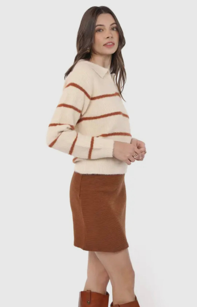 Sadie & Sage Cream Brown Tova Eyelash Yarn Collared Striped Sweater