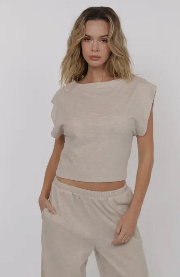 Sage The Label Oatmeal Cindy Strong Shoulder Sleeveless Knit Top