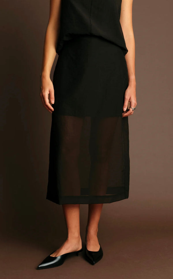 DeLuc Black Sheer Pencil W/Front Slit Hugh Midi Skirt