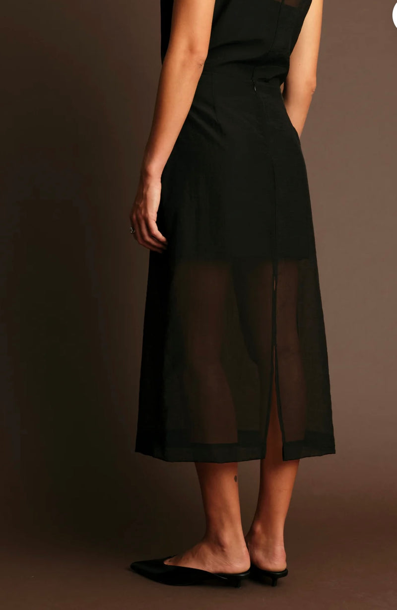 DeLuc Black Sheer Pencil W/Front Slit Hugh Midi Skirt