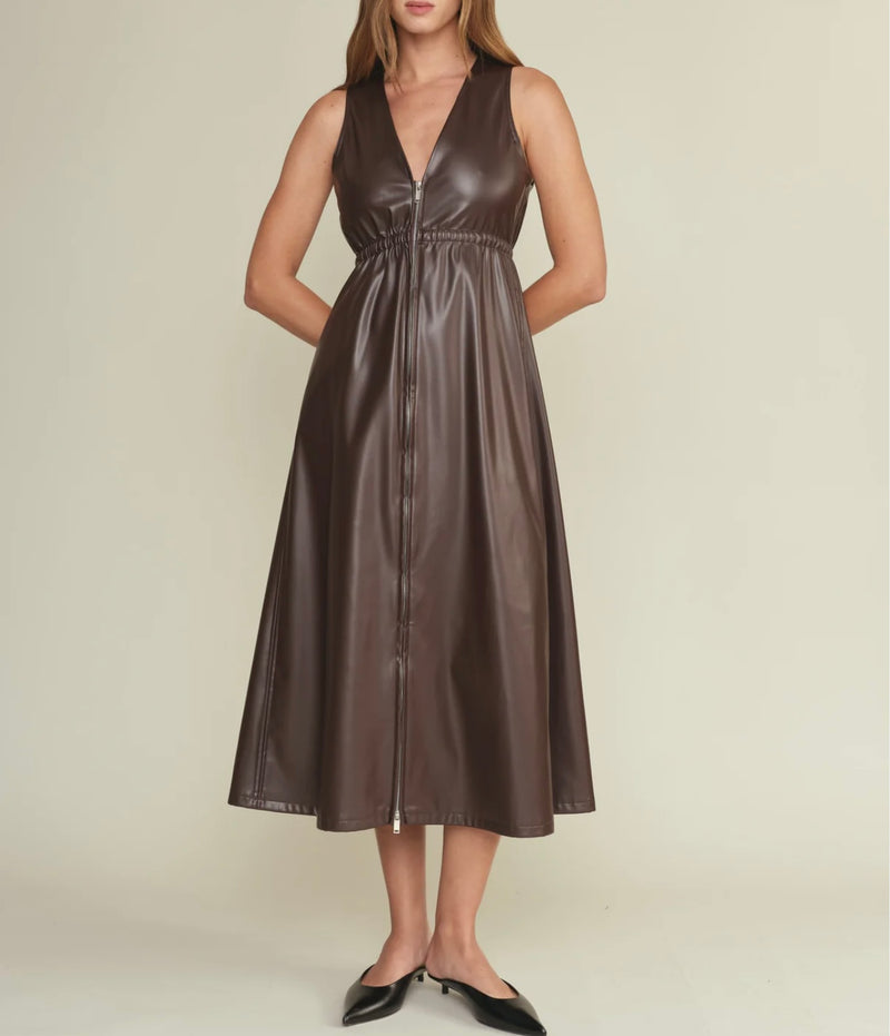 DeLuc Wine Vegan Leather Sleeveless Elastic Waist VNeck Line Front Zipper Dominic Midi Dress