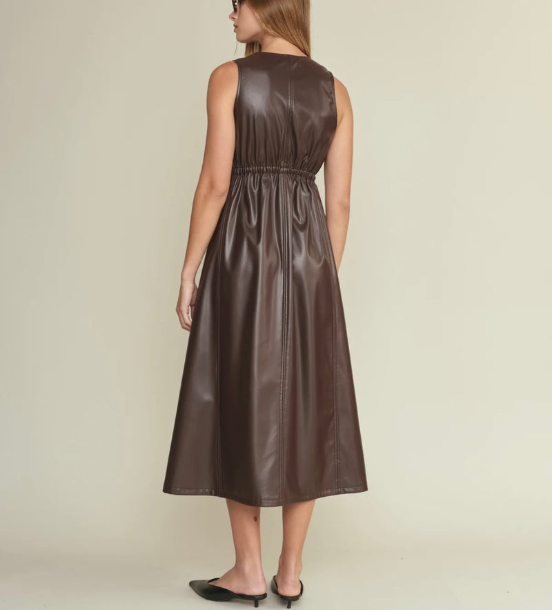 DeLuc Wine Vegan Leather Sleeveless Elastic Waist VNeck Line Front Zipper Dominic Midi Dress