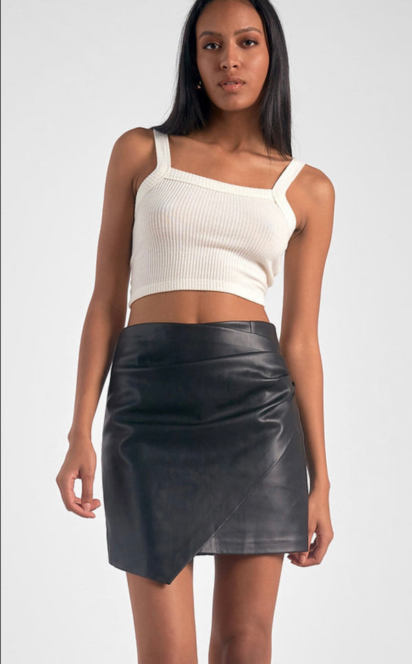 Elan Black Faux Leather Ruched on Hip Split Mini Skirt