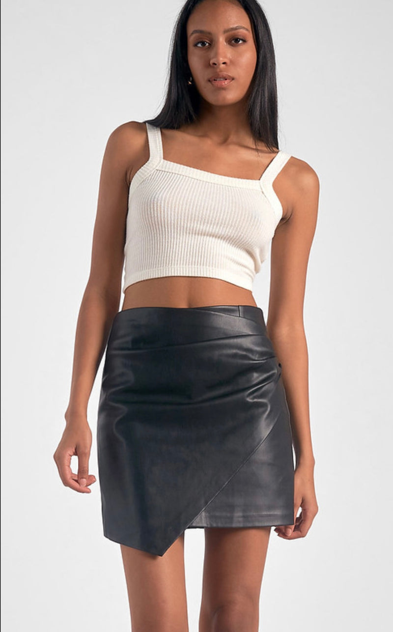 Elan Black Faux Leather Ruched on Hip Split Mini Skirt