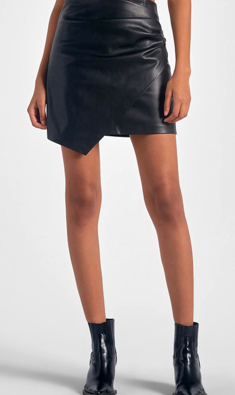 Elan Black Faux Leather Ruched on Hip Split Mini Skirt
