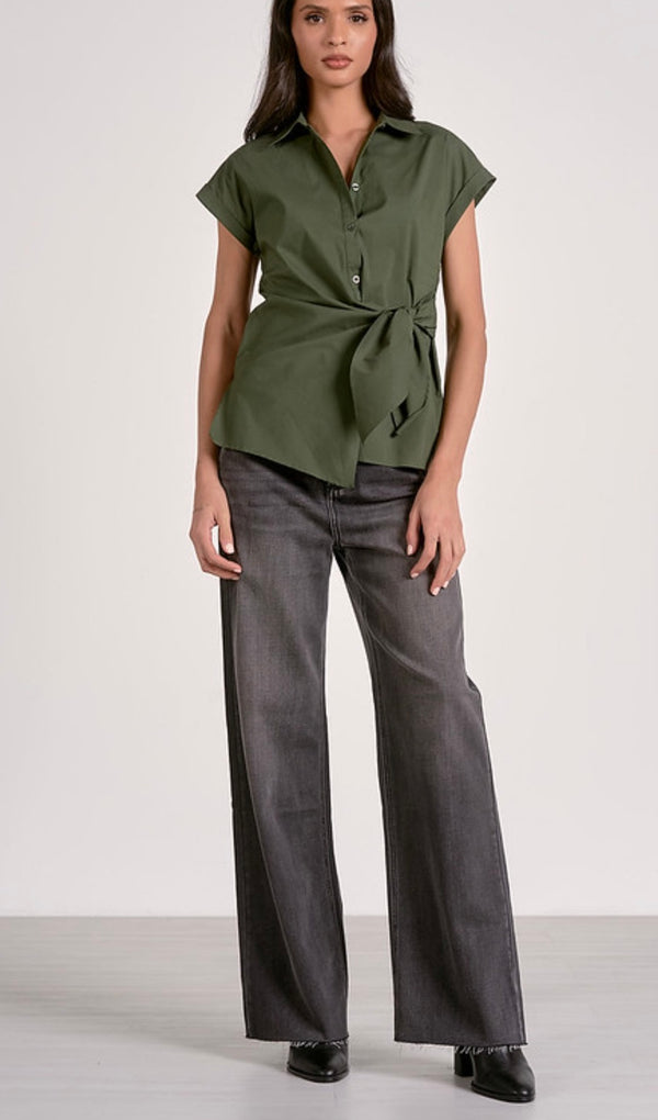 Elan Pine Button Down Front Side Tie Detail Short Sleeve Top