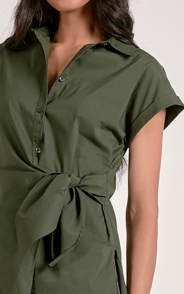 Elan Pine Button Down Front Side Tie Detail Short Sleeve Top