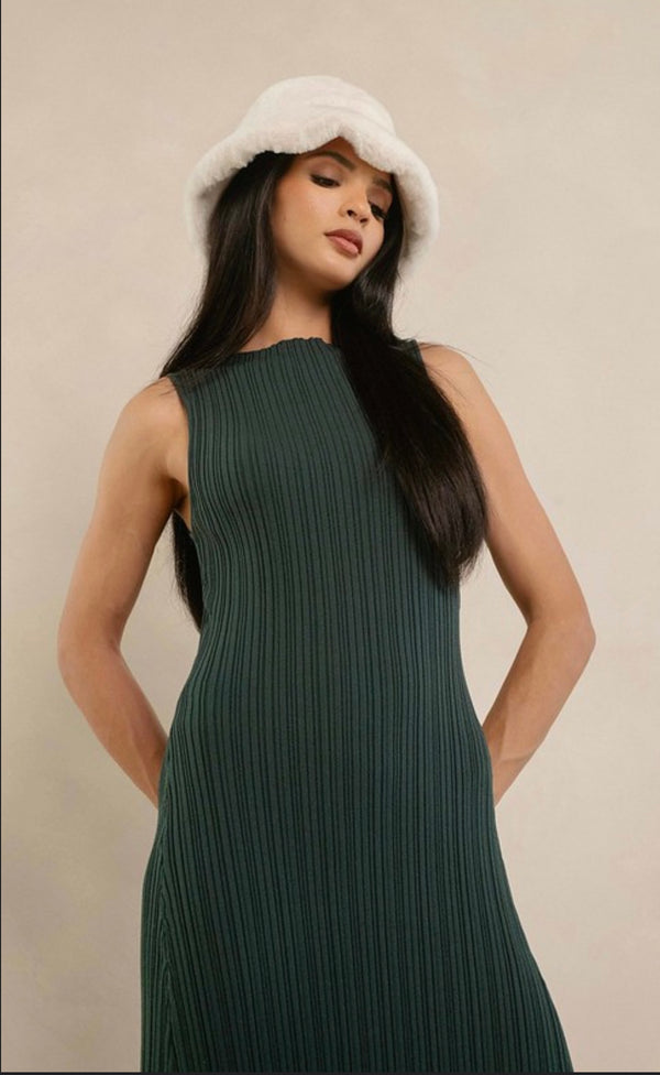 Elan Pine Sleeveless Ribbed Crew Neck Minimal Stretch Maxi Dress