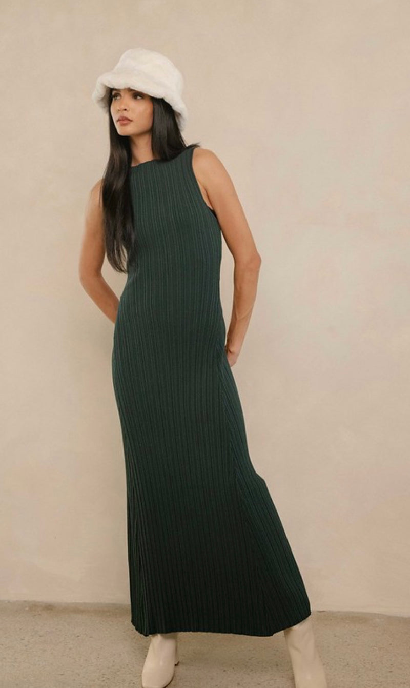 Elan Pine Sleeveless Ribbed Crew Neck Minimal Stretch Maxi Dress