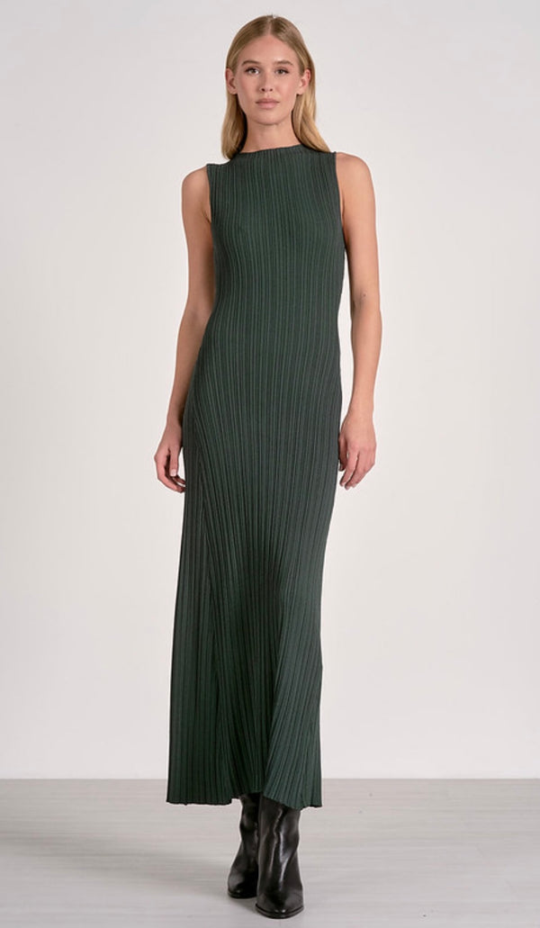 Elan Pine Sleeveless Ribbed Crew Neck Minimal Stretch Maxi Dress