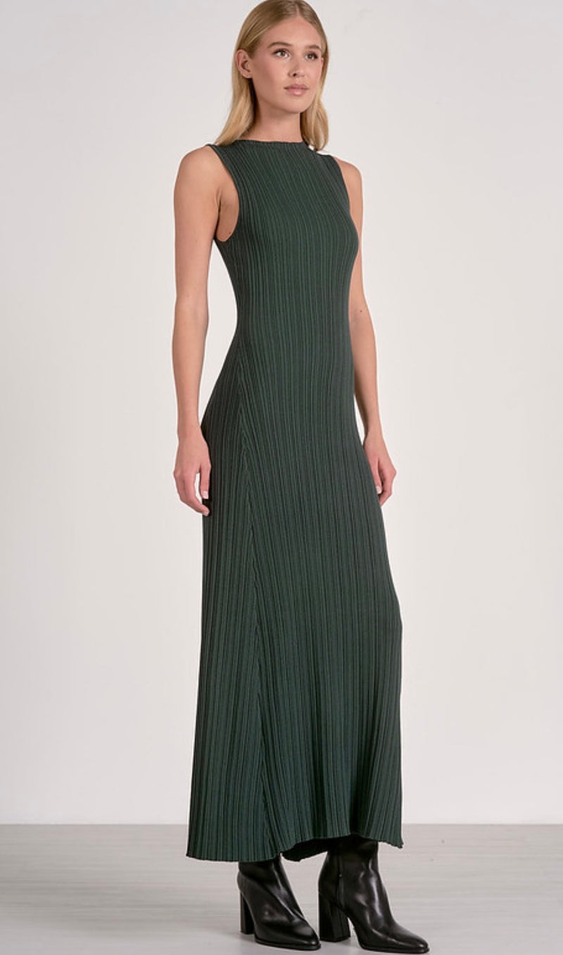 Elan Pine Sleeveless Ribbed Crew Neck Minimal Stretch Maxi Dress