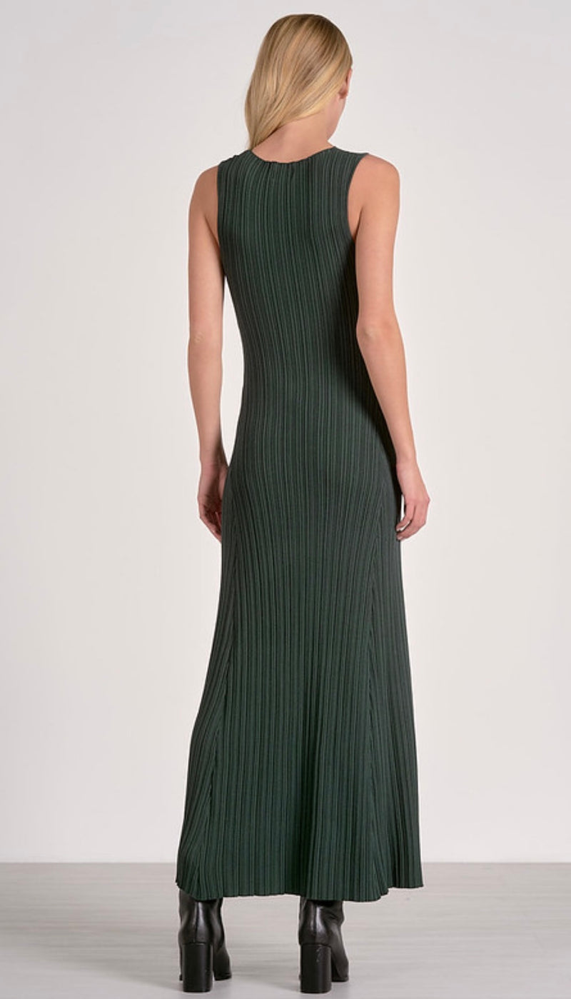 Elan Pine Sleeveless Ribbed Crew Neck Minimal Stretch Maxi Dress