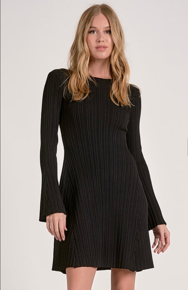 Elan Black Bell Sleeve Crew Neck Ribbed Mini Dress