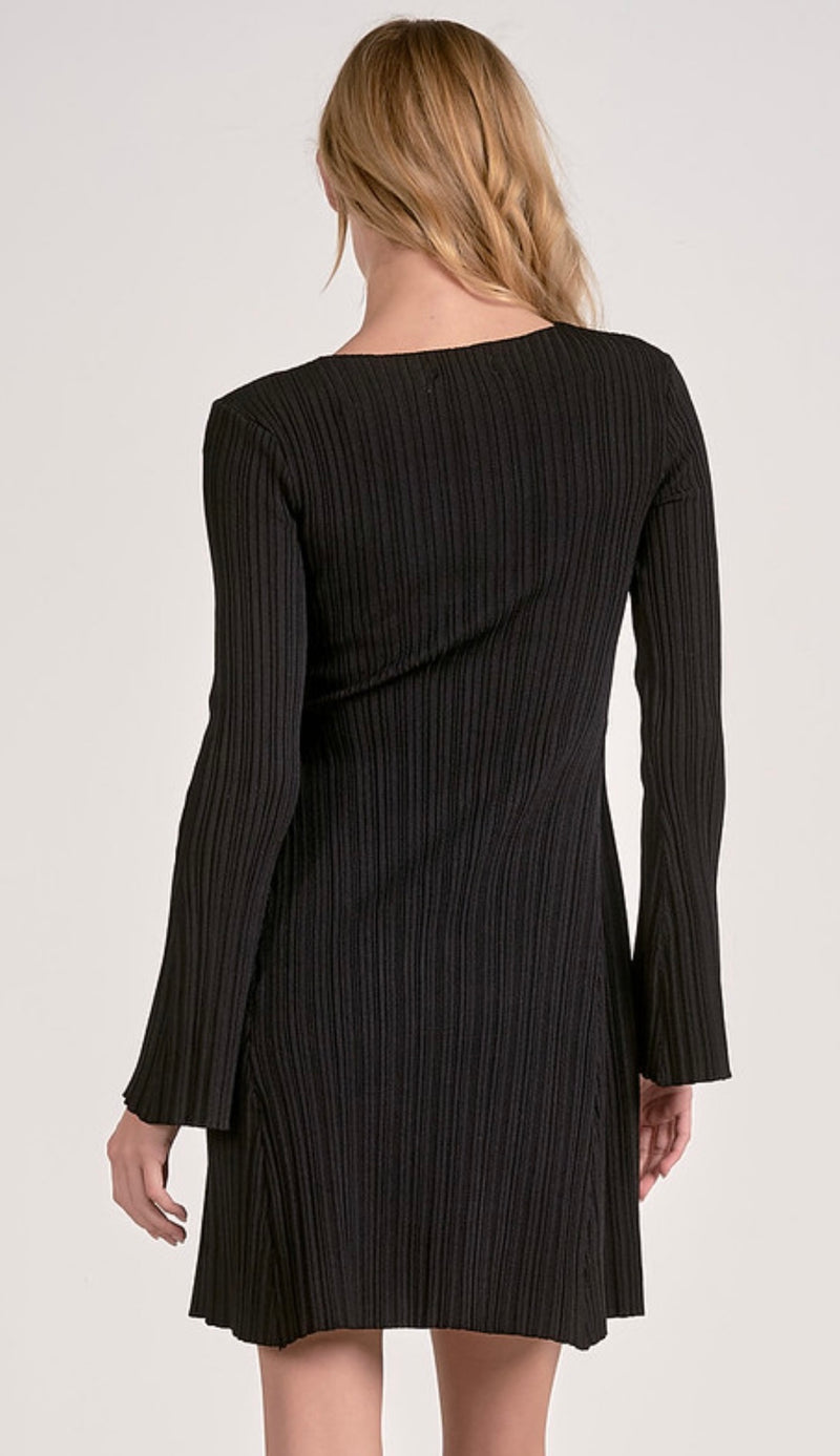 Elan Black Bell Sleeve Crew Neck Ribbed Mini Dress