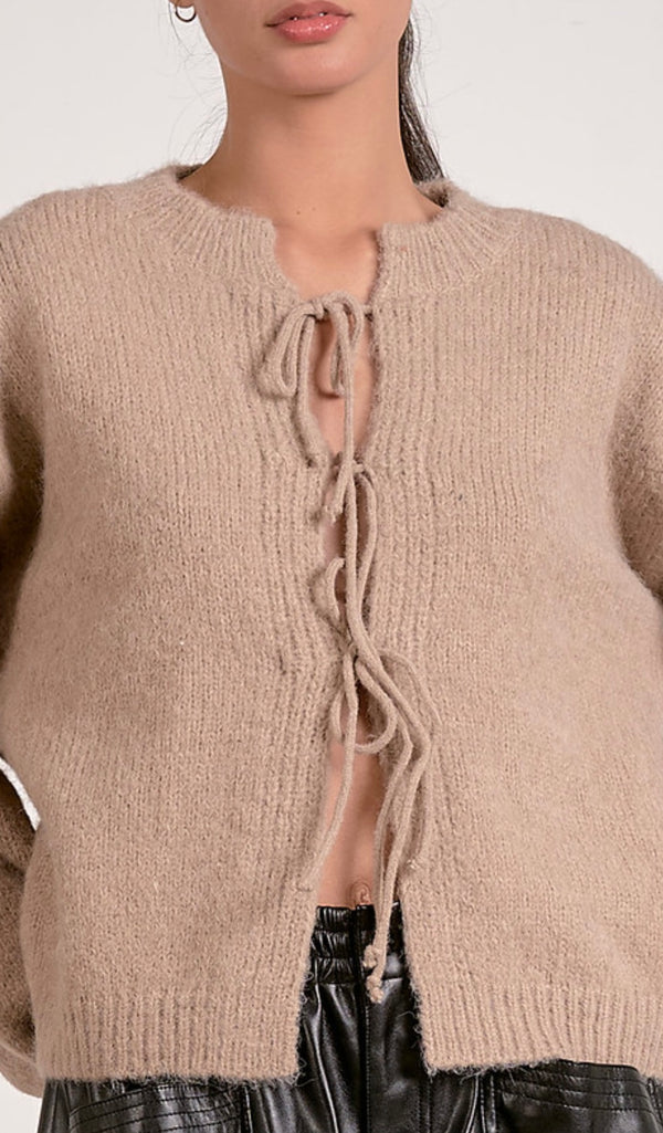 Elan Macchiato Long Sleeve Tie Front Cardigan Sweater
