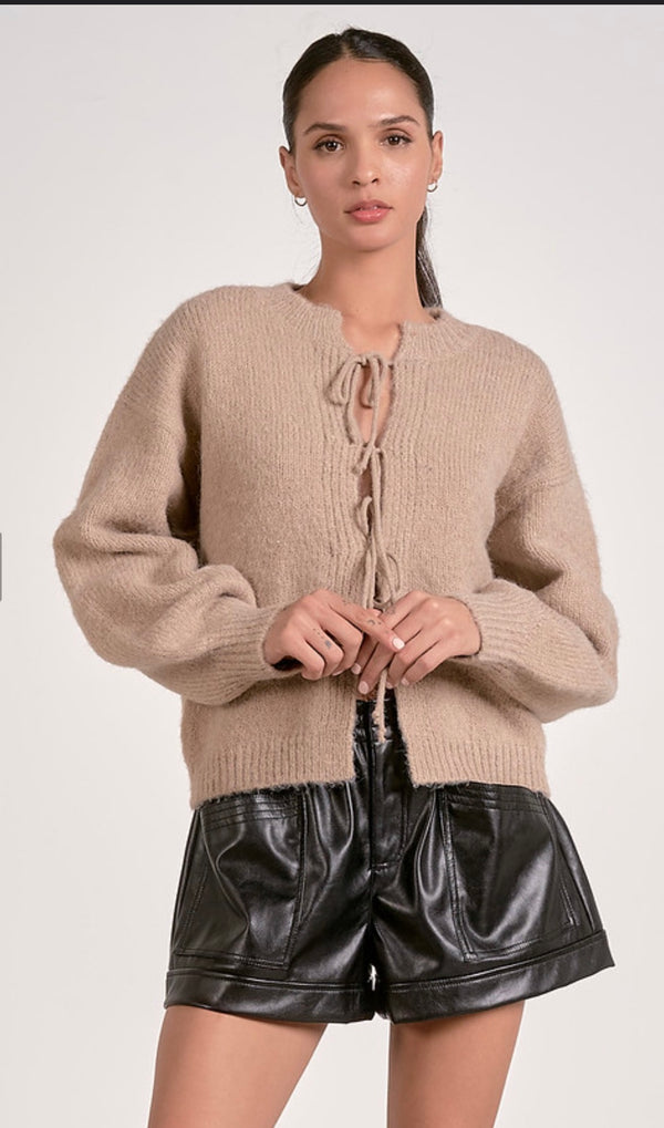Elan Macchiato Long Sleeve Tie Front Cardigan Sweater