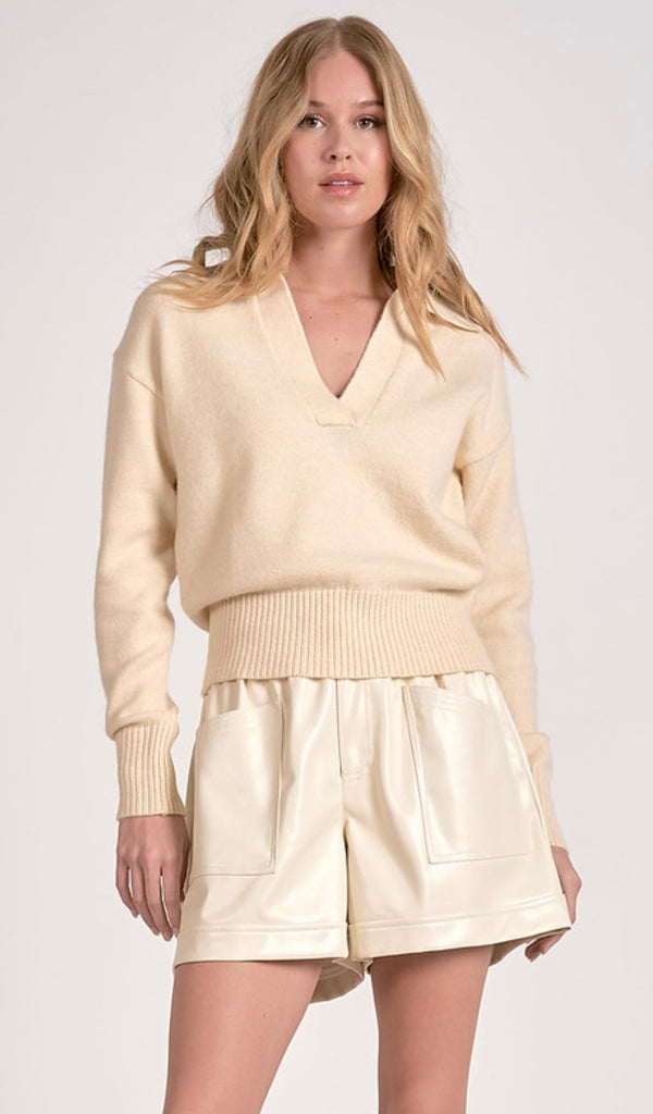 Elan Off White VNeck Long Sleeve Sweater