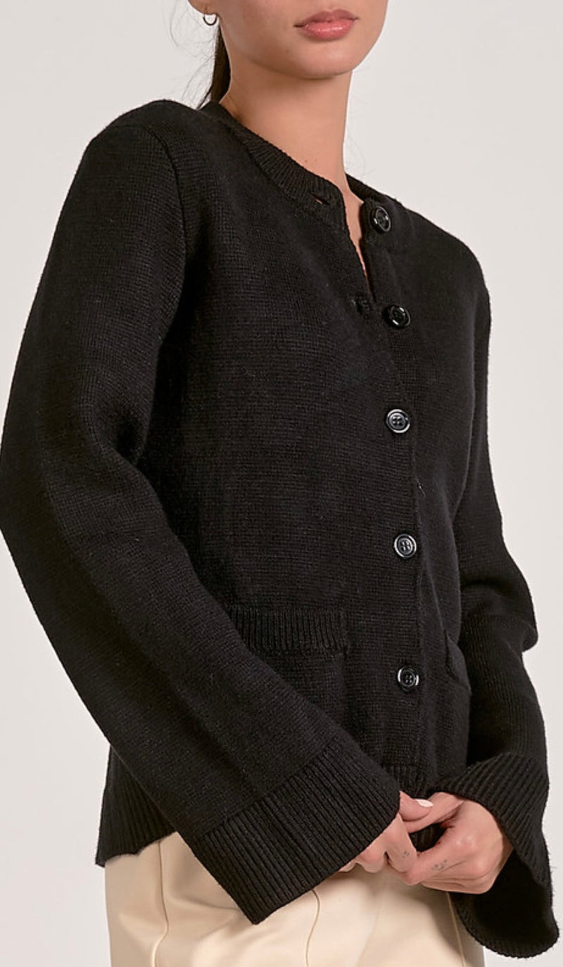 Elan Black Bell Sleeve Button Up Cardigan Sweater